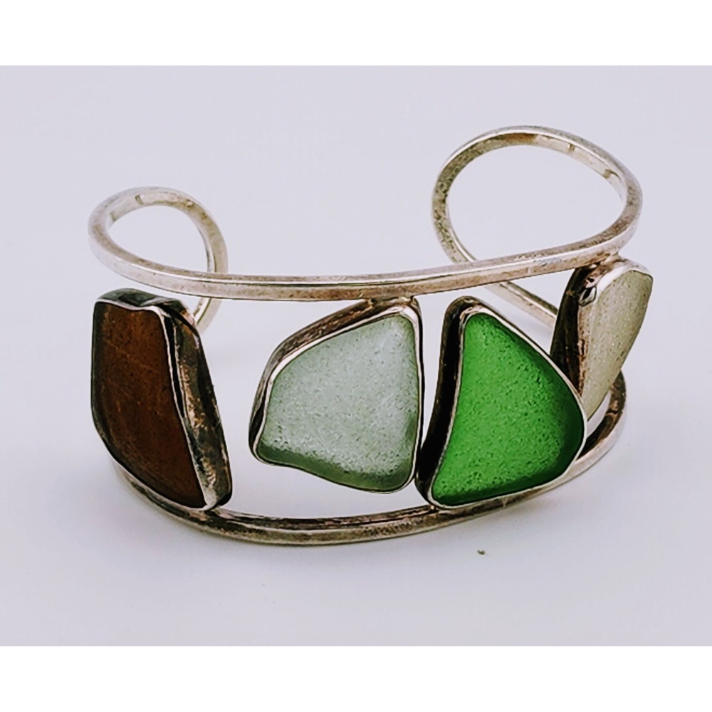Tommy Conch Sterling Silver Sea Glass Cuff Bracelet Signed T Con 950 Multi Color